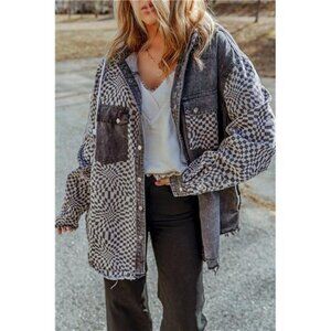 Plaid Snap Down Raw Hem Drawstring Hooded Jacket